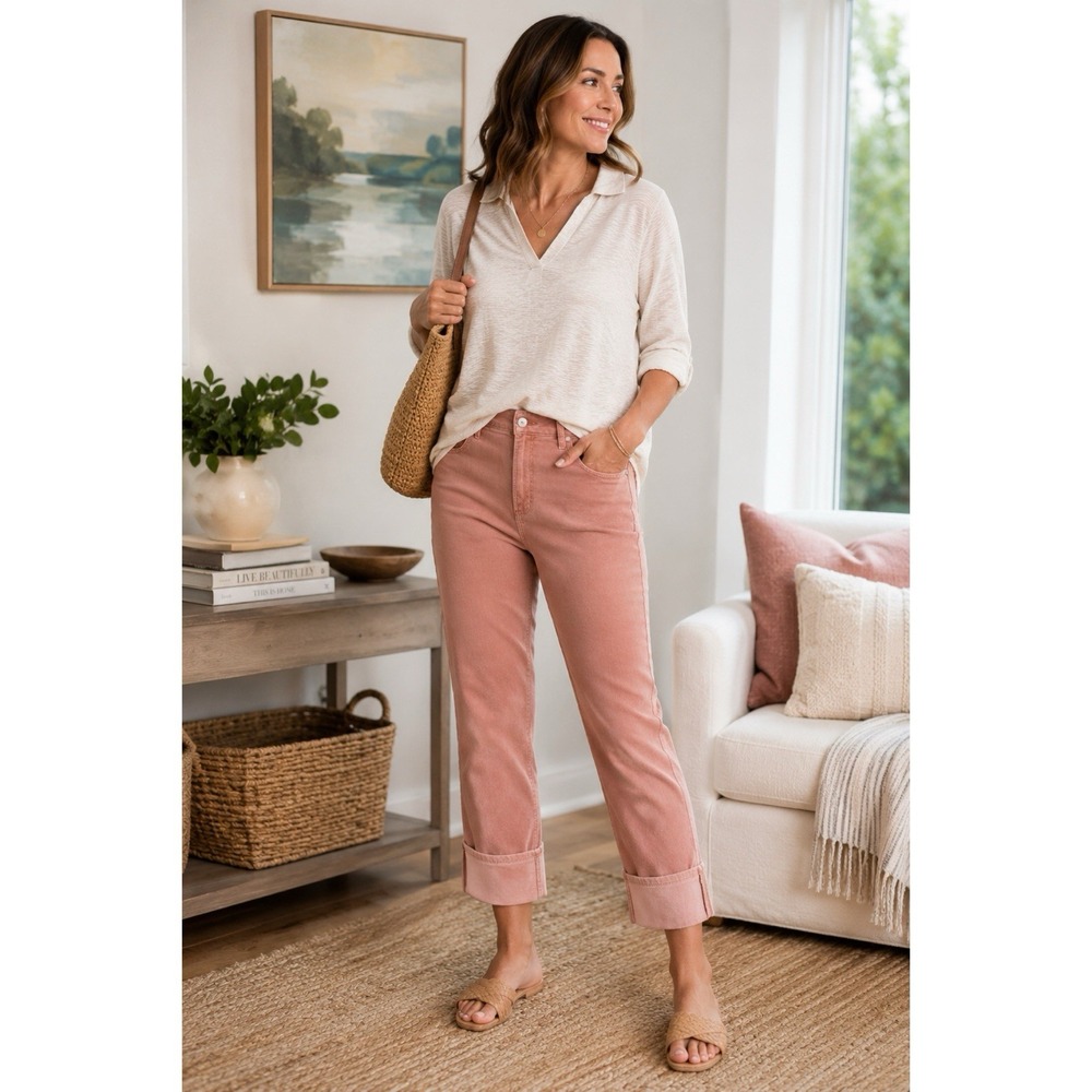 J Jill Denim High Rise Cropped Jeans Size 12 Dusty Pink Cuffed Stretch Casual